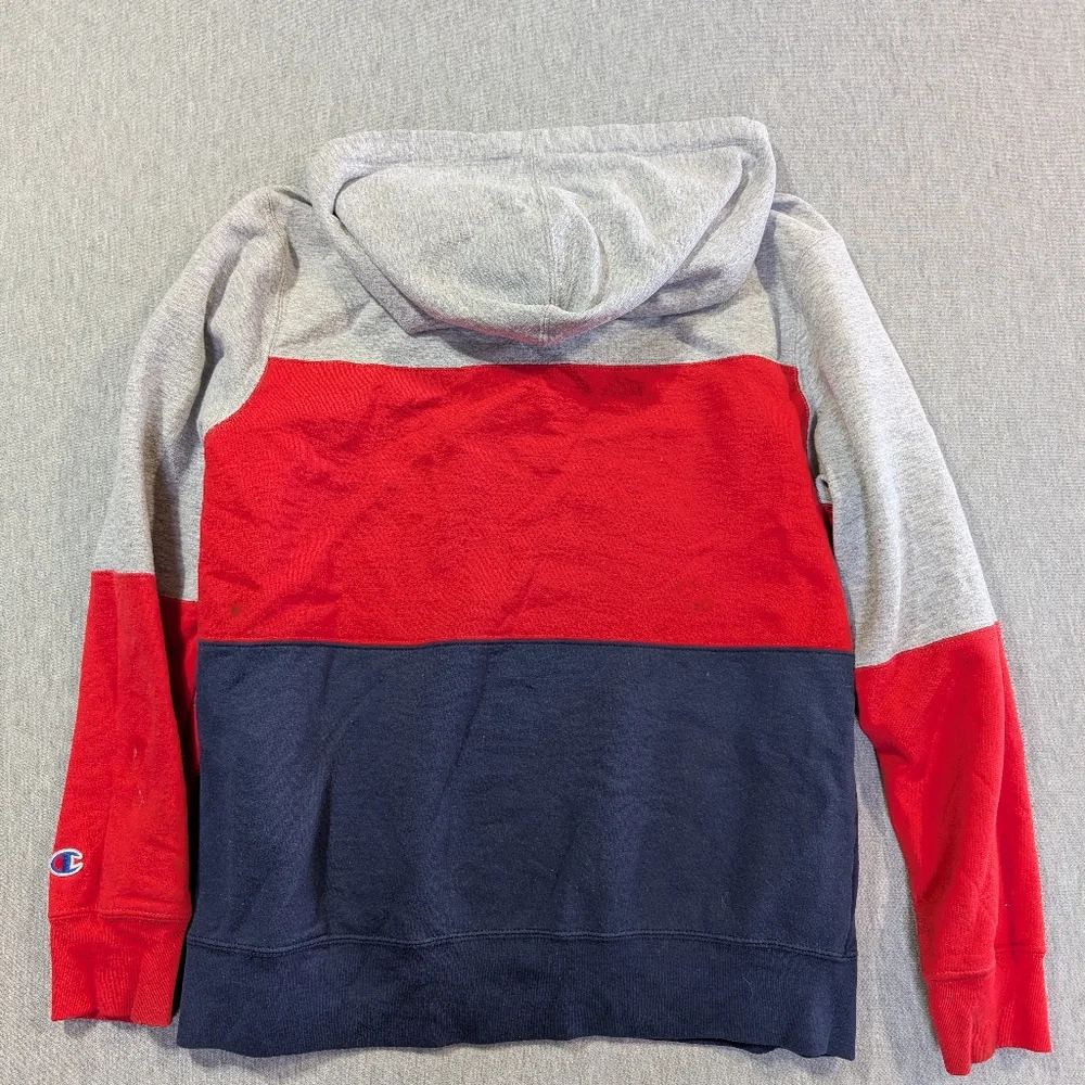 Champion Colorblock Pullover Hoodie Women's Medium Gray Red Blue Logo Front - Picture 13 of 16
